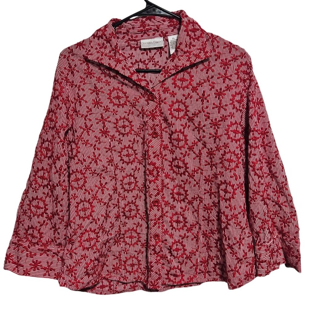 Drapers & Damons Button Up Blouse Womens Size Petite Large Red Striped Floral